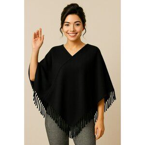 James Pringle Weavers 100% Wool Black Fringe Poncho Wrap Womens Made In Scotland